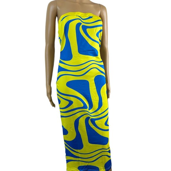 Women Bodycon Strapless Dress Large Yellow Blue Midi Stretch Backless - Picture 4 of 15